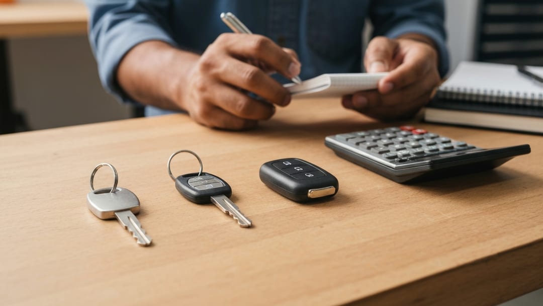 Cerrajero automotriz programando una llave de carro junto a un vehículo en Burleson TX