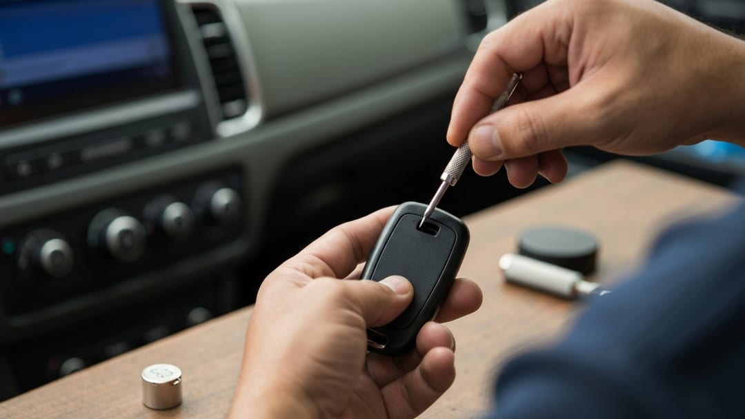 Close-up de un técnico revisando una smart key push-to-start en Burleson TX